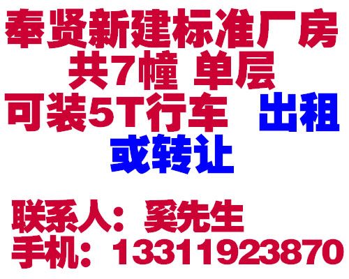 上海奉贤区青村镇15000平方米新建标准厂房出租、转让（部份在建） 